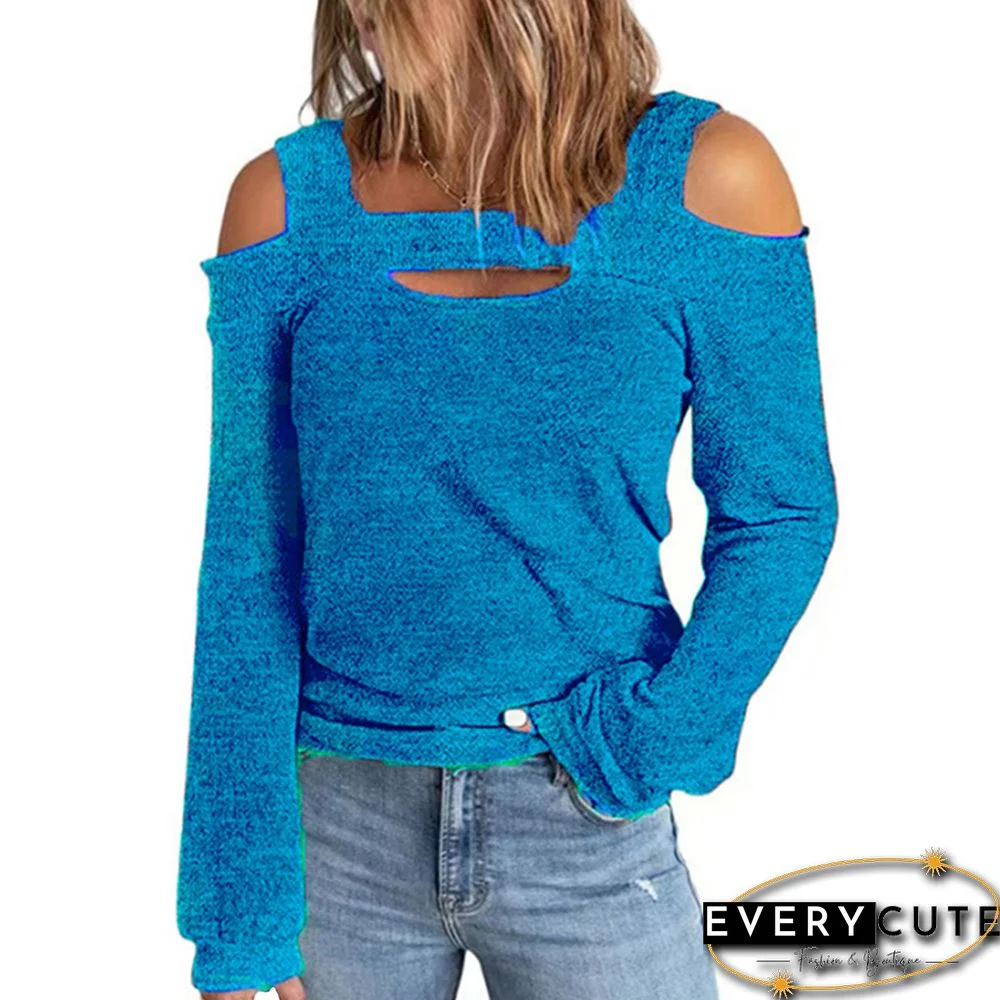 Blue Cut-out Cold Shoulder Long Sleeve Tops