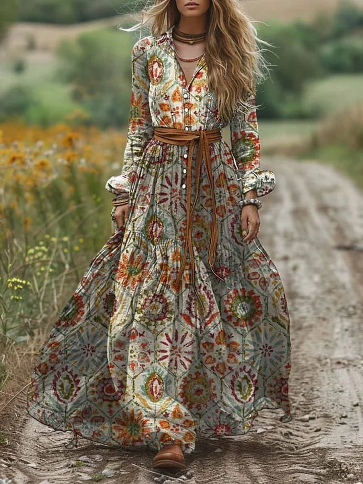 Women's Shirt Collar Printed Pocket Long Sleeve Cotton Dress