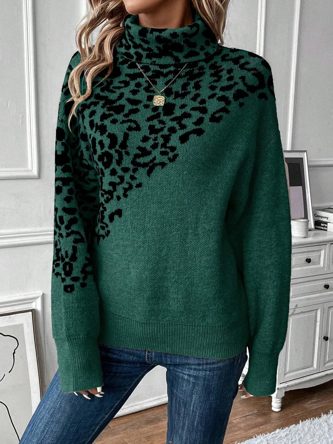 Nigikala Nigikala And Winter New Jacket Sweater High-Necked Leopard Long-Sleeved Loose Fashion Casual Knitwear