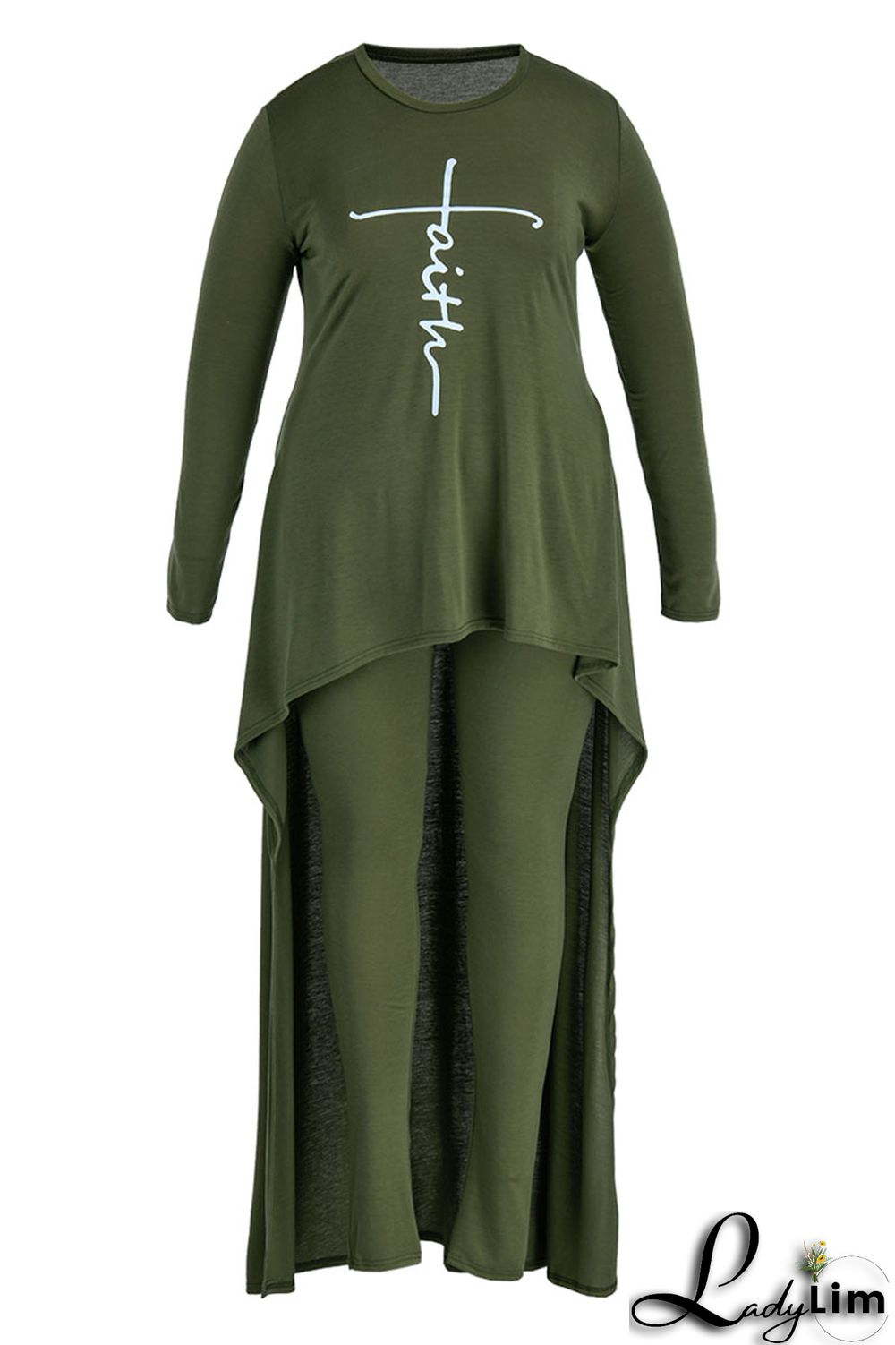 Army Green Fashion Casual Print Asymmetrical O Neck Plus Size Two Pieces