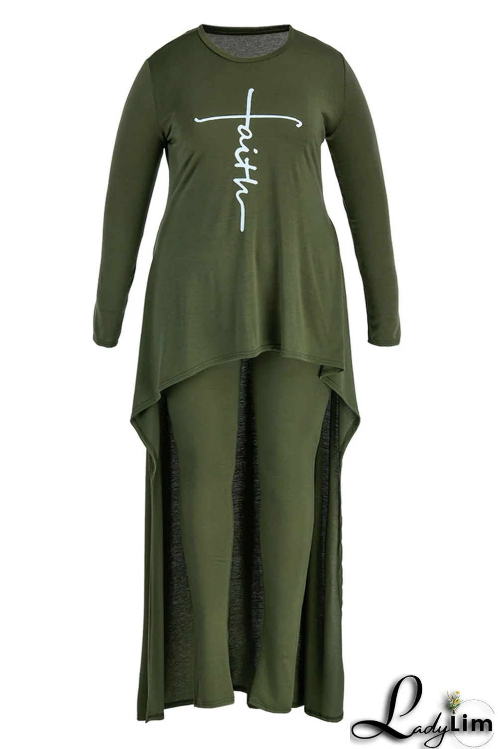 Army Green Fashion Casual Print Asymmetrical O Neck Plus Size Two Pieces