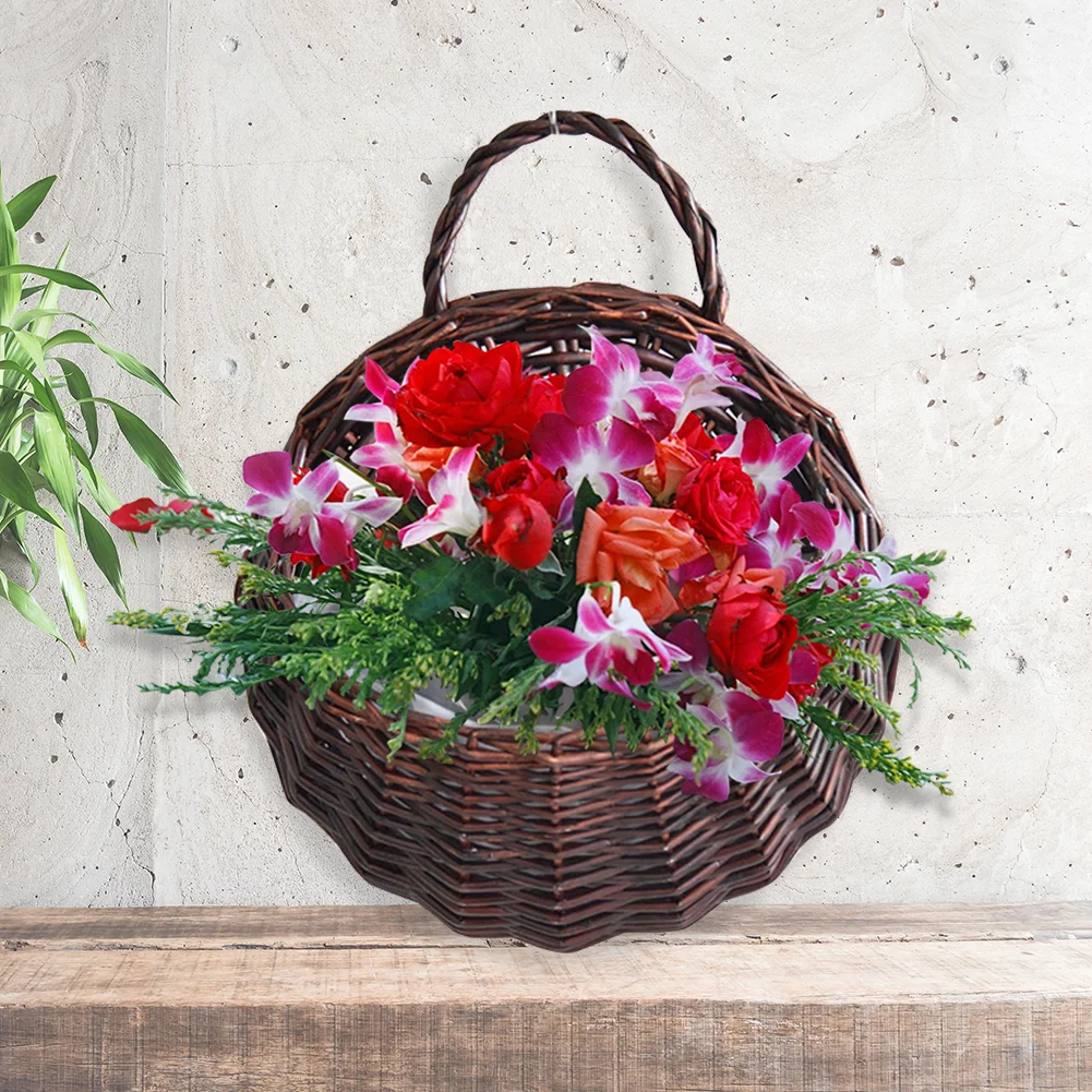 Wall Mount Wicker Flower Pot Hanging Woven Rattan Basket Decor (Dark Brown)
