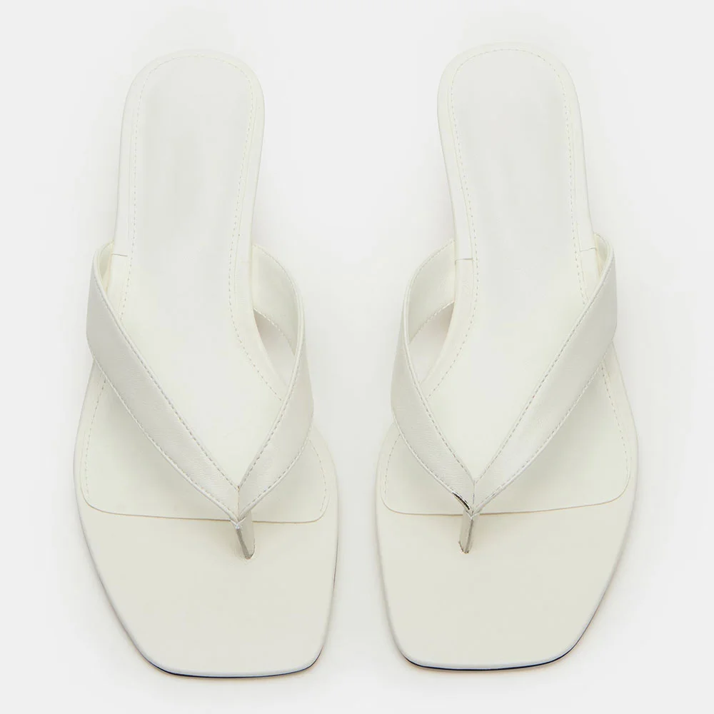 White Vegan Leather Open Toe Flip Flop Kitten Heel Mules Sandals