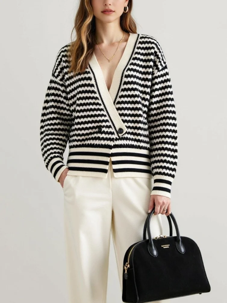 Nigikala Nigikala East Autumn And Winter V-Neck Knitted Shirt Buckle Cardigan New Striped Hit-Colored Sweater Woman