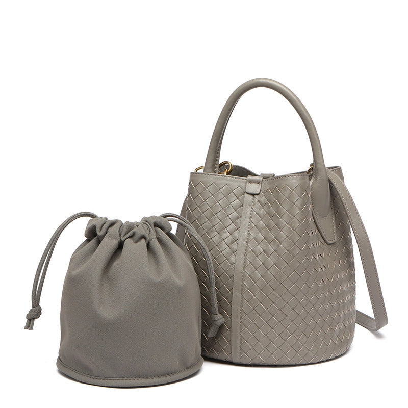Women’s Medium Leather Solid Color Classic Style Streetwear Weave Sewing Thread Bucket String Bucket Bag