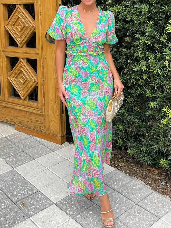 Backless Floral Printed Short Sleeves V-Neck Maxi Dresses