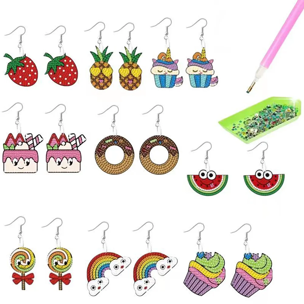 9 Pairs DIY Fruit Cake Candy Rainbow  Double Sided Diamond Painting DIY Earring Making Kit
