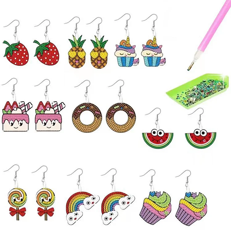 9 Pairs Fruit Cake Candy Rainbow Double Sided Diamond Earrings gbfke
