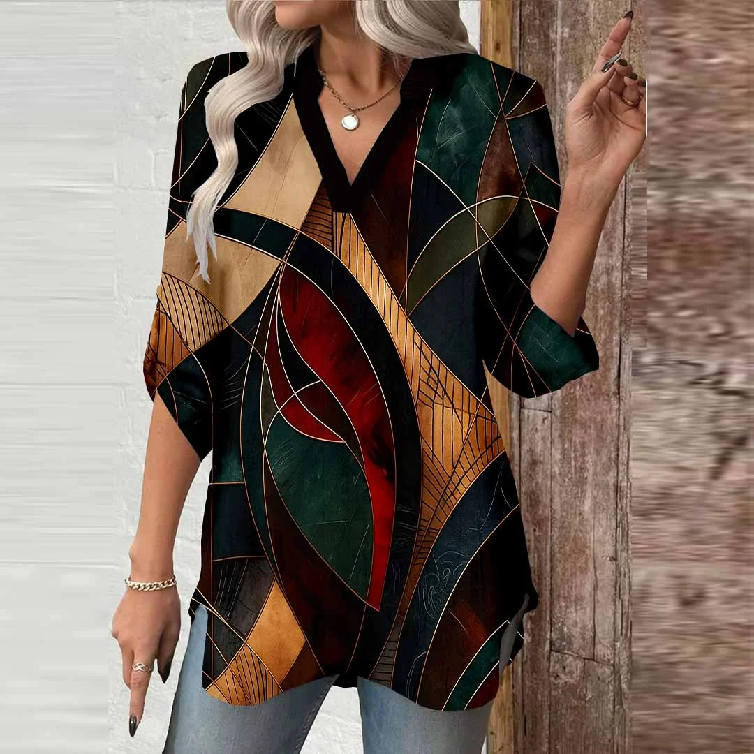 Women Abstract, Brown, Red DZGA0766 3/4 Sleeve V-neck Printed Graphic Button Tops