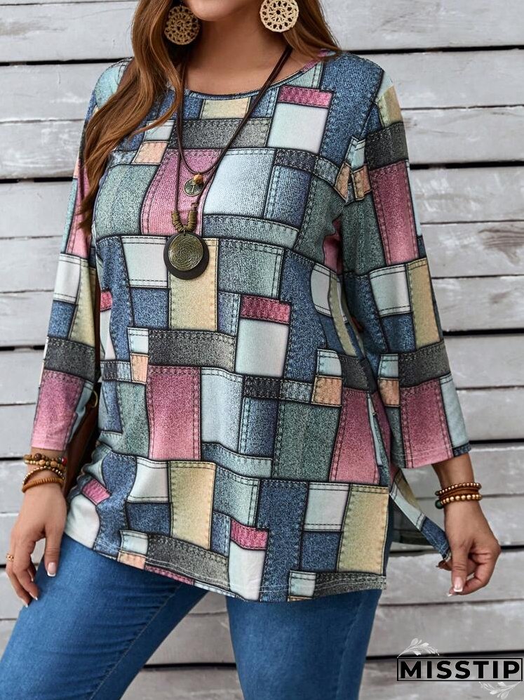 Plus Size Color Block Round Neck Casual Long Sleeve T-Shirt