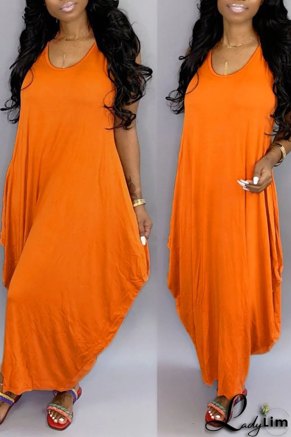 Yellow Casual Solid Patchwork U Neck Long Dress Dresses