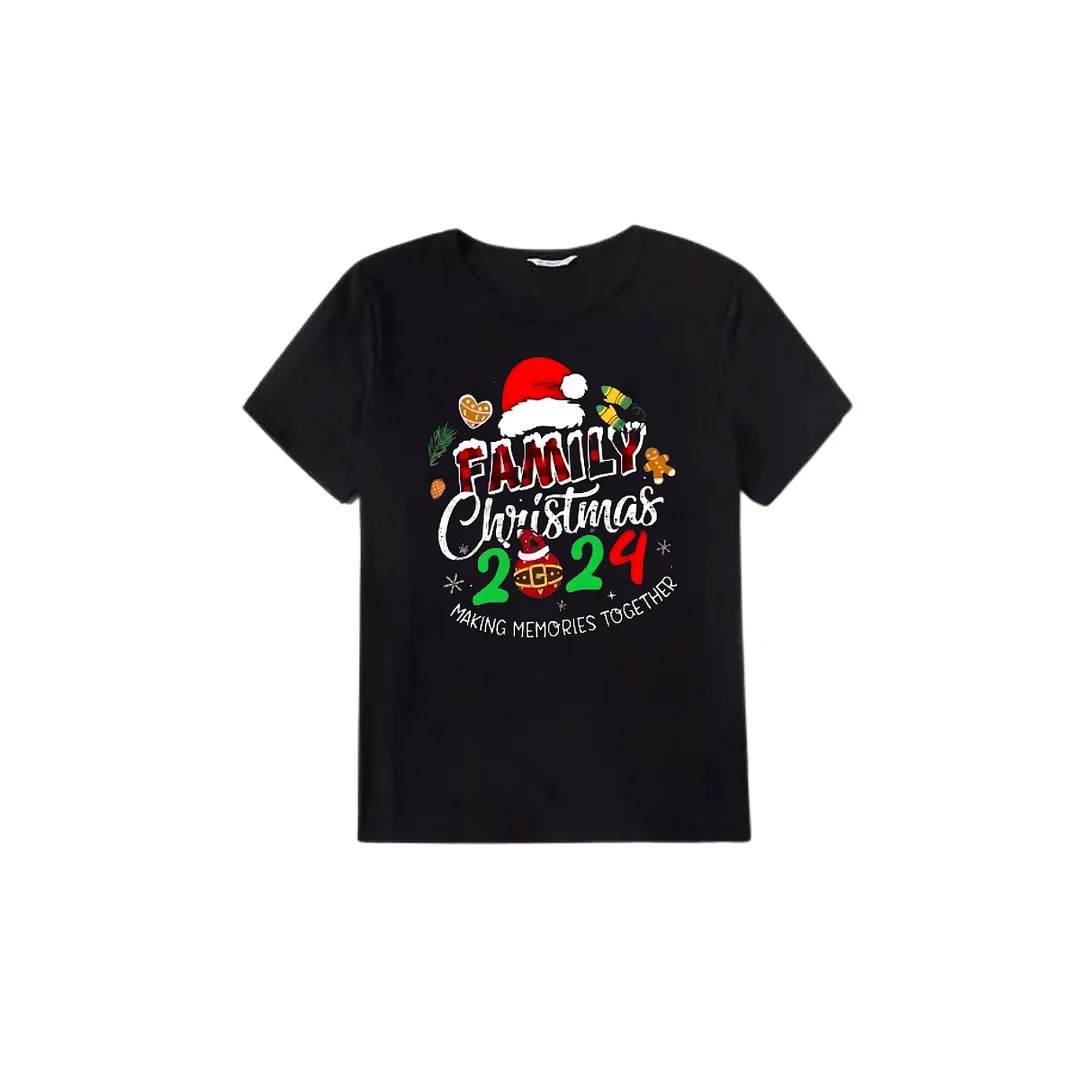 Family Christmas 2024 Making Memories Together Text Print Black Short Sleeve with Red & Black Plaid Pant Family Matching Pajamas
