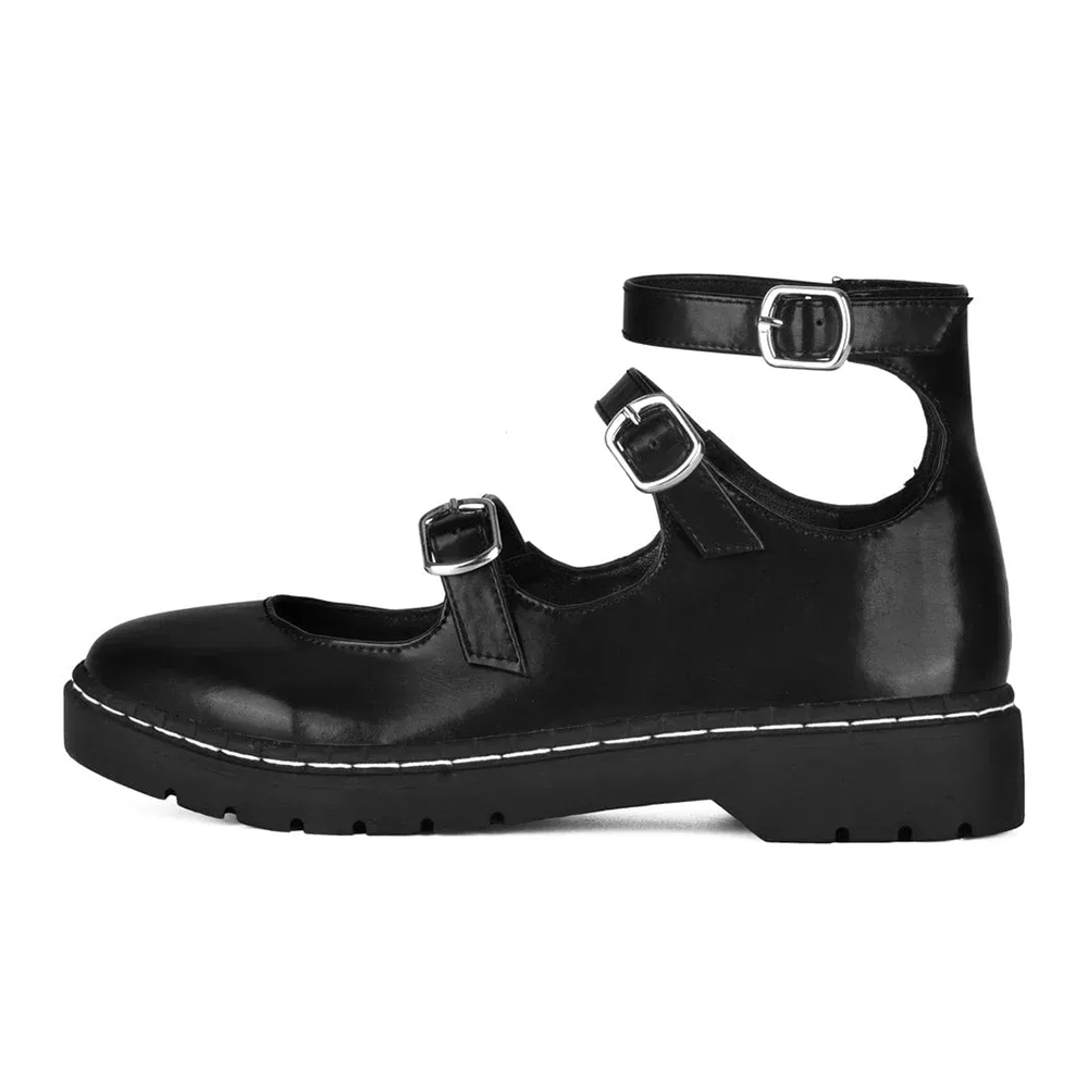 Black Round Toe Chunky Heel Triple-Buckle Strap Mary Jane Shoes Nicepairs