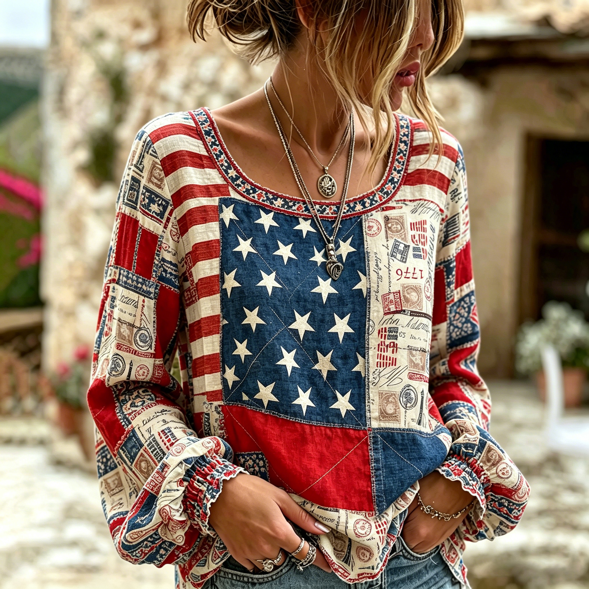  Women's Vintage Flag Plaid Patchwork Art Linen Blend Casual  Tops Westsshops