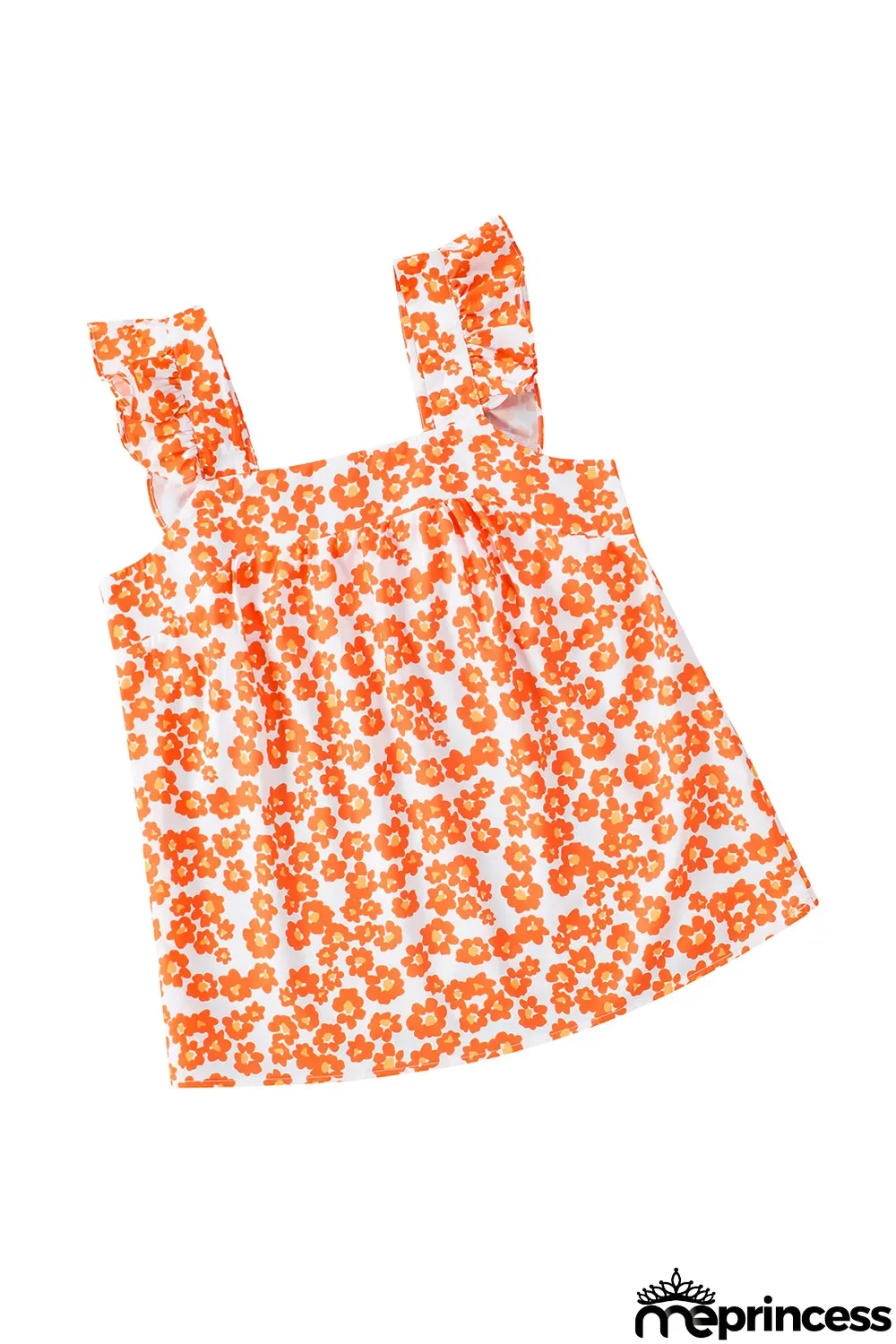 Orange Floral Print Square Neck Ruffle Tank Top