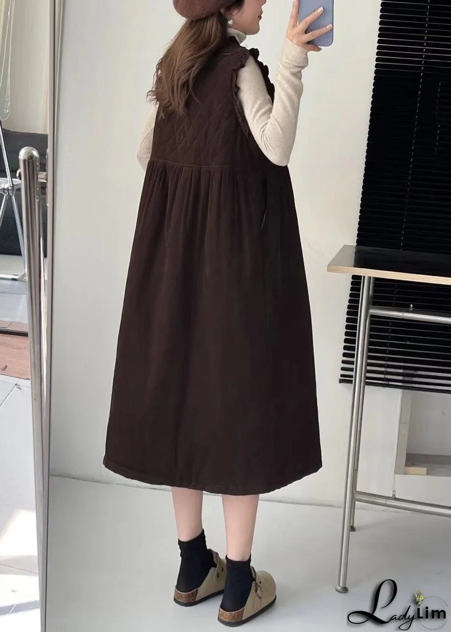 Coffee Pockets Cotton Filled Waistcoat Long Dress Stand Collar Winter