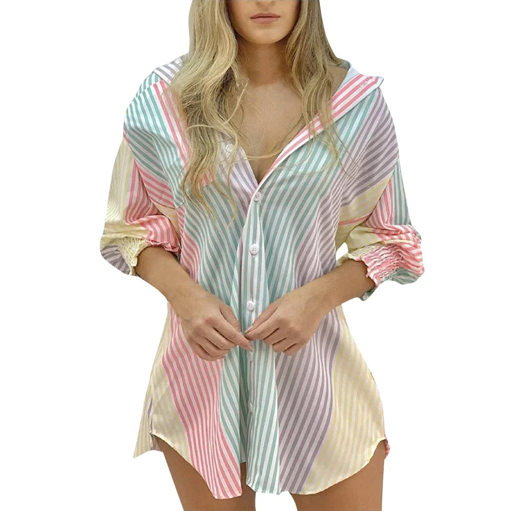 Women Beach Print Shirt Stand Collar T Shirt Streetwear Half Sleeve Button Casual Camisa Ladies Leisure Fashion Slim Tops D30
