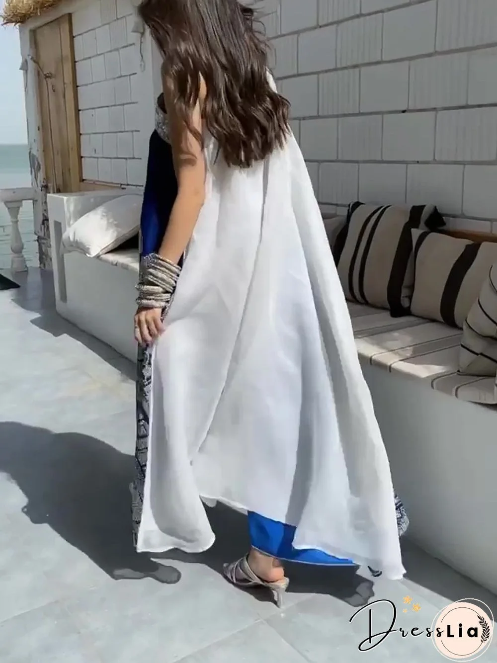 One Shoulder Blue&White Joint Dress