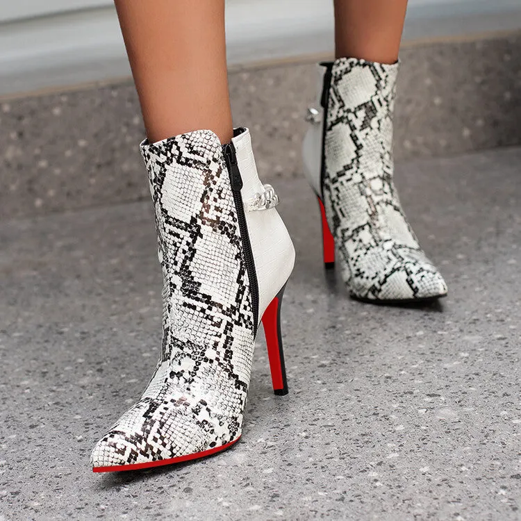 100mm/120mm Women Printed Patchwork Pointed Toe Metal Chains Stiletto Red Bottom Boots-vocosishoes