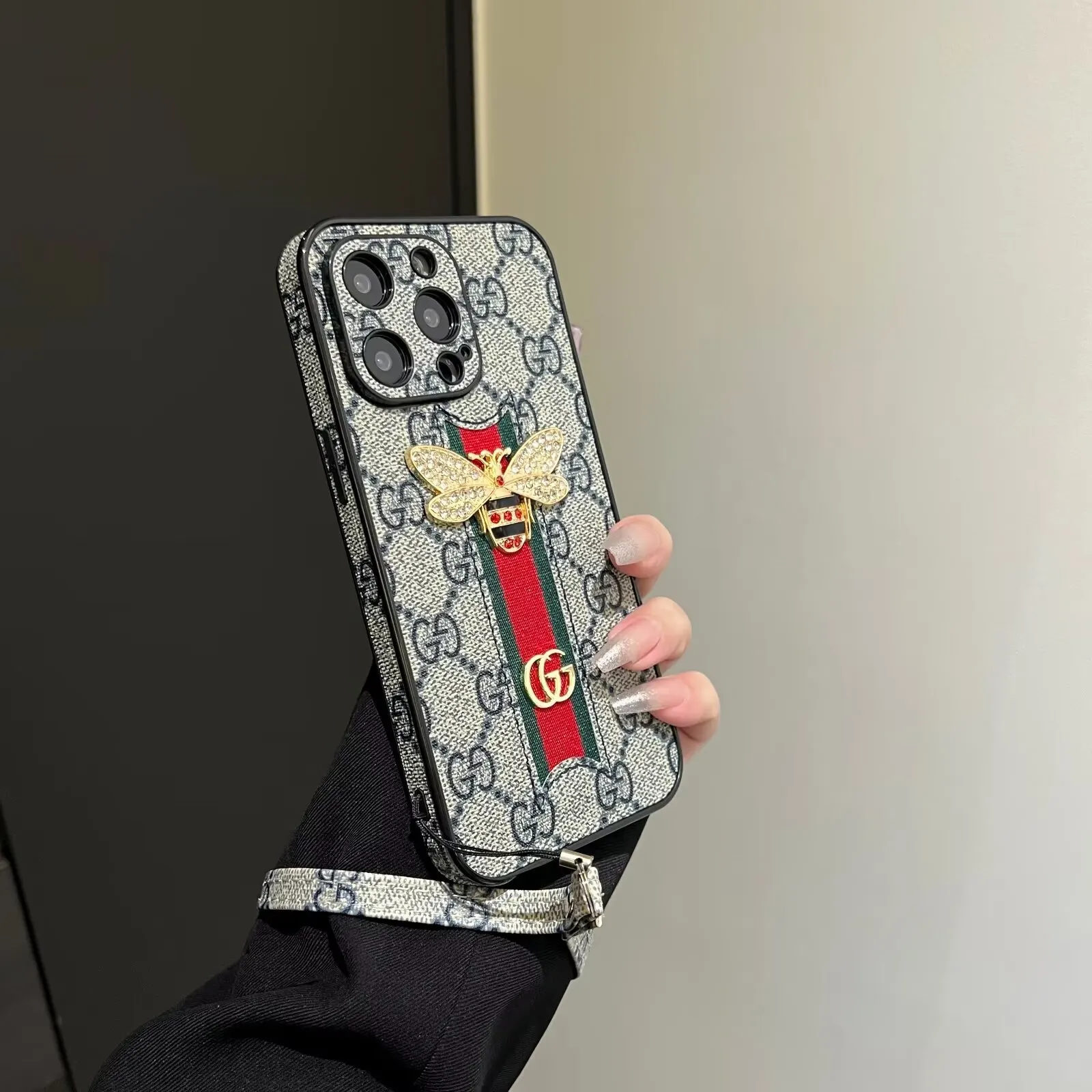 Gucci Bee Diamond Ophidia GG Leather New Apple iPhone Case