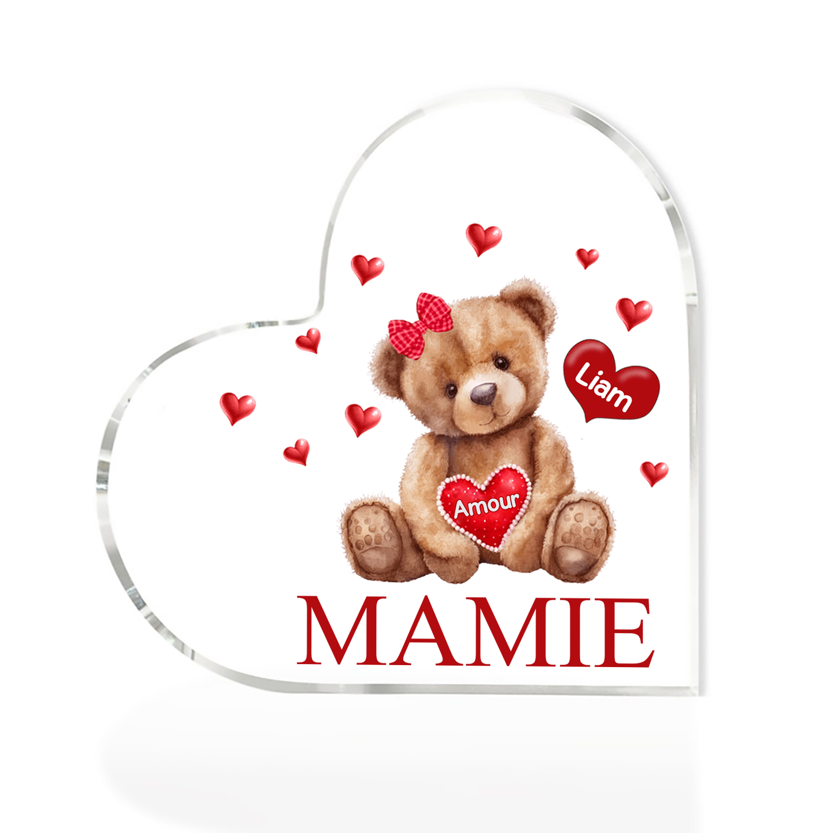 À ma Maman/Mamie - Plaque Acrylique Ours en Forme de Cœur 1 Prénom Personnalisés avec 1 Texte