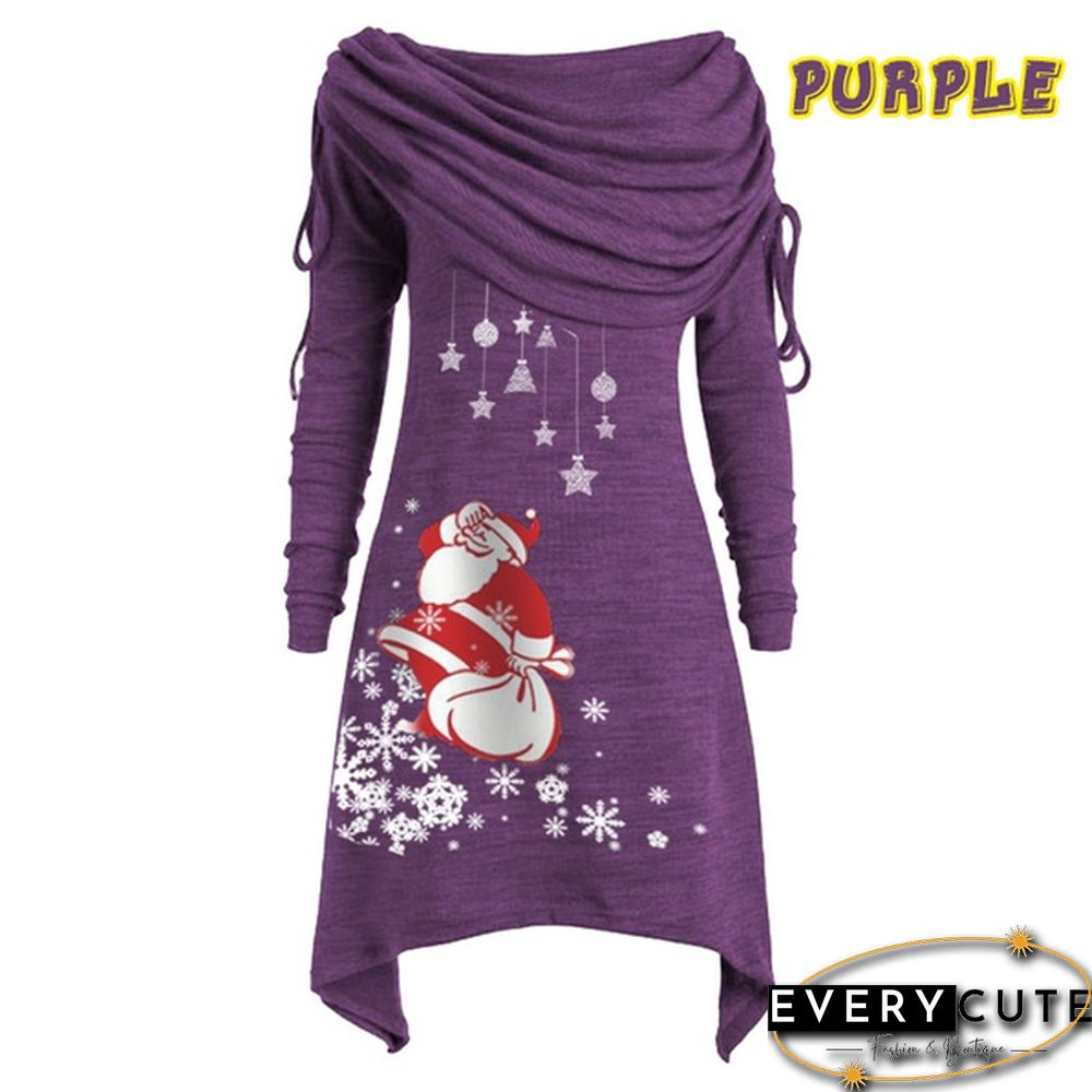 Womens Fashion Christmas Santa Claus Snowflake Print Ruched Foldover Collar Dress Cotton