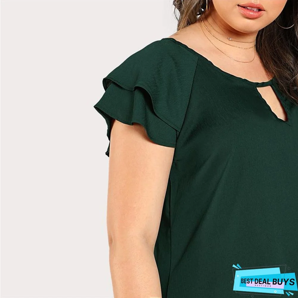 Green Plus Size Keyhole Neck Loose Top Long Blouse with Butterfly Sleeve