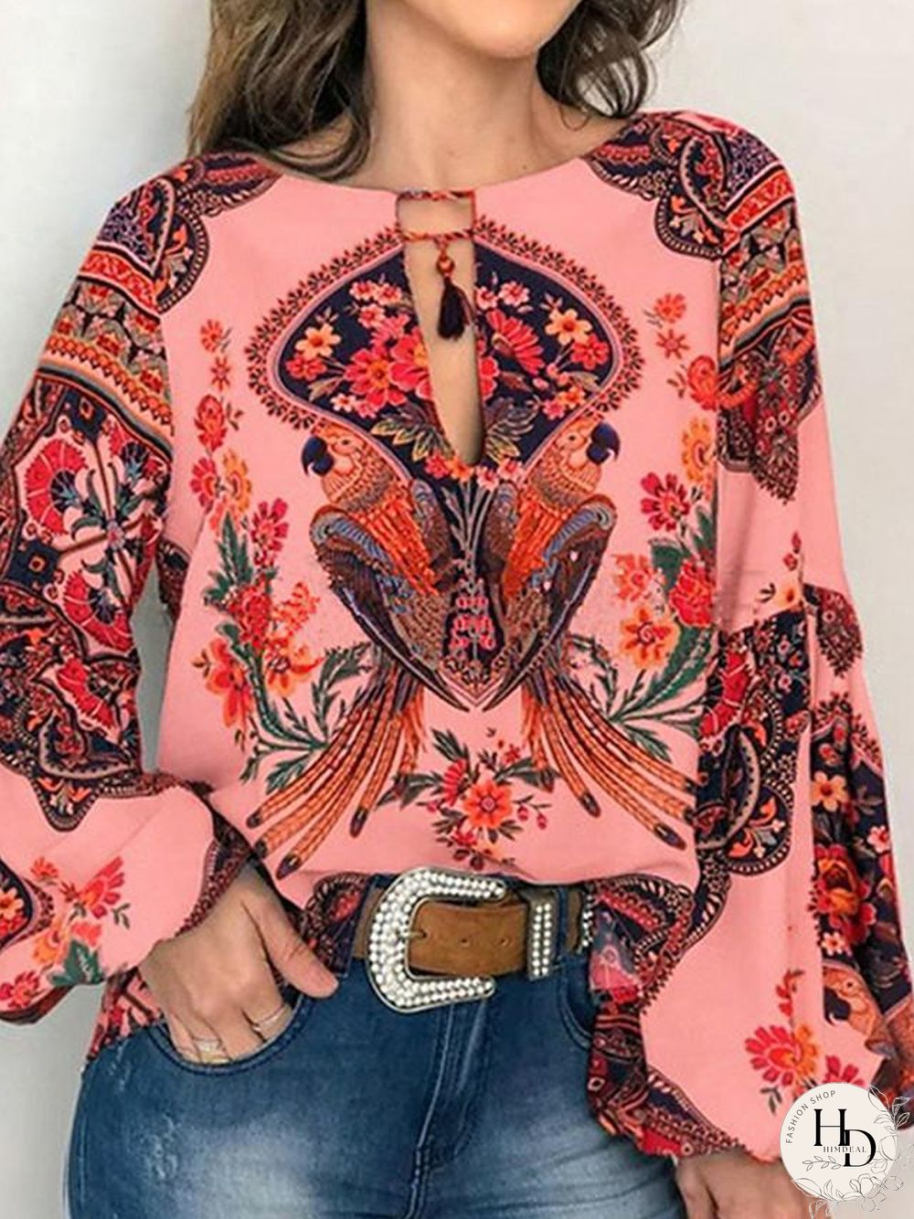Women's Blouse Shirt Floral Flower Long Sleeve Lace up Print Round Neck Tops Basic Basic Top White Yellow Orange-0203813