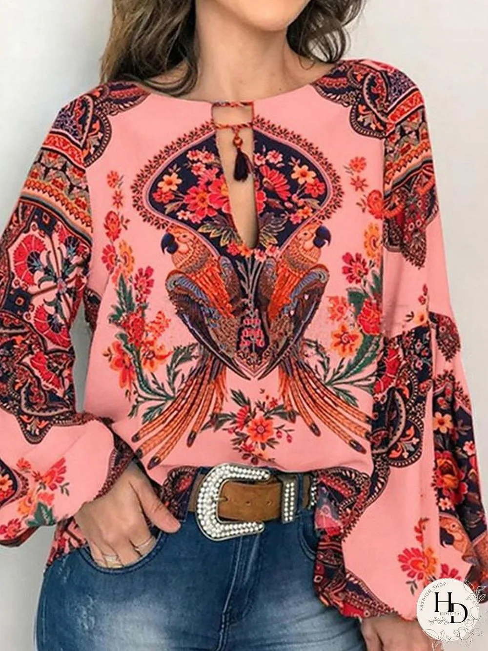 Women's Blouse Shirt Floral Flower Long Sleeve Lace up Print Round Neck Tops Basic Basic Top White Yellow Orange-0203813