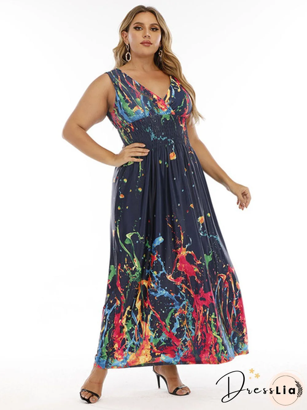 Plus Size Double V-Neck Print Smocked Waist Maxi Dress