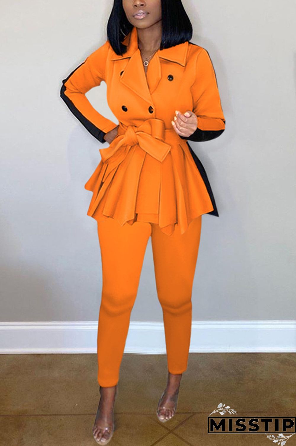 Orange Fashion Casual Long Sleeve Turndown Collar Regular Sleeve Regular Patchwork Two Pieces