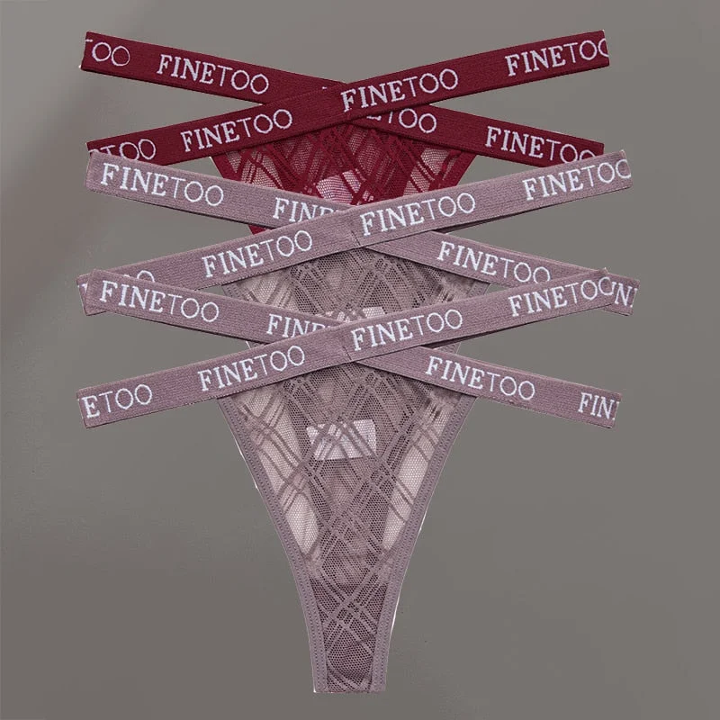 FINETOO 3PCS/Set Women's Letter Lace Mesh G-string Sexy Cross Strap Panties Midi Waist Underwear Thongs Femme Hollow Out Panties