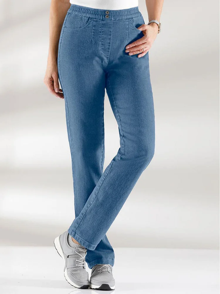 Denim Elastic Waist Button Casual Pants