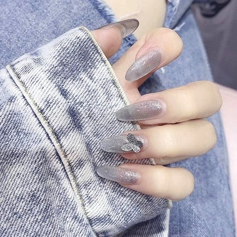 24pcs Purple Gray Fake Nail Patch Cat Eye False Nail Patch Press On Finger Nail Tips Detachable Full Cover Acrylic Nails-Nail Inspo