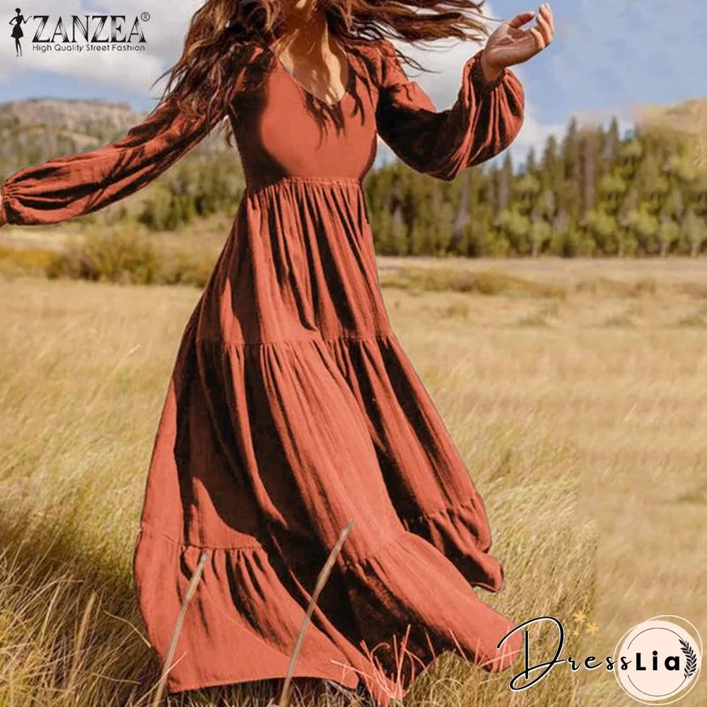 ZANZEA Stylish Ruffle Maxi Dress Casual Puff Sleeve Tunic Vestidos Female Solid Robe Women's Autumn Sundress