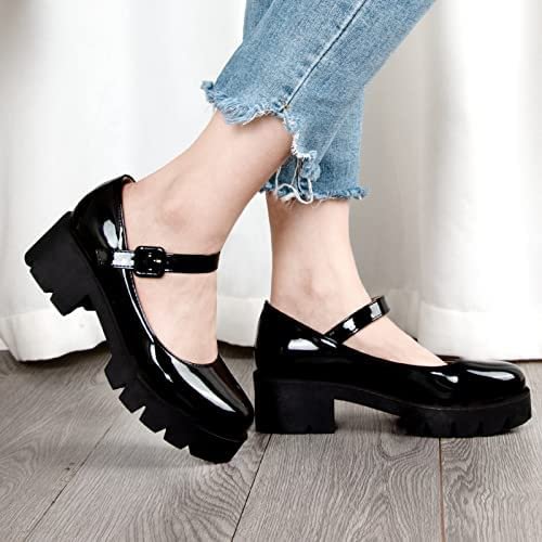 Women's Round Toe Ankle Strap Mary Janes Platform Low Heel Chunky Pumps  Novameme