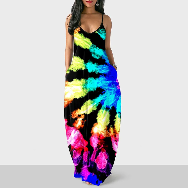 Sling Tie Dye Contrast Casual Maix Dress