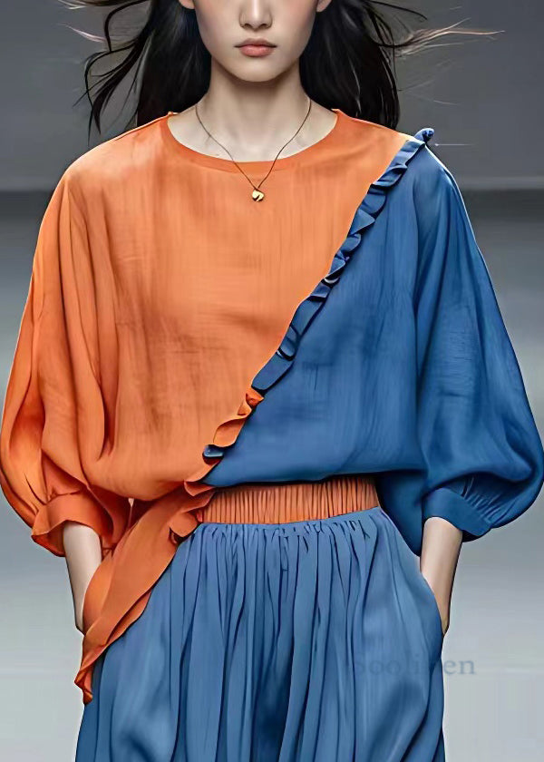 VCSHOES Orange O Neck Ruffled Patchwork Cotton T Shirt Bracelet Sleeve