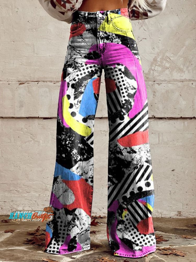 Women’s Vintage Print Casual Wide Leg Pants Multicolor / S