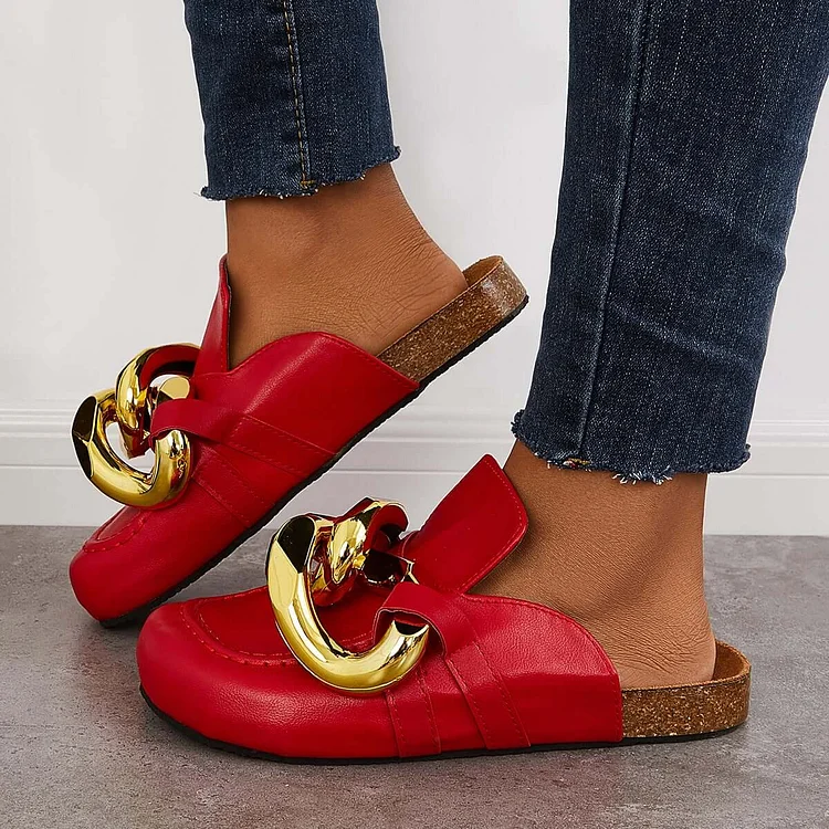 Cork Footbed Flat Slip-on Backless Mule Slide Metal Chain Slippers