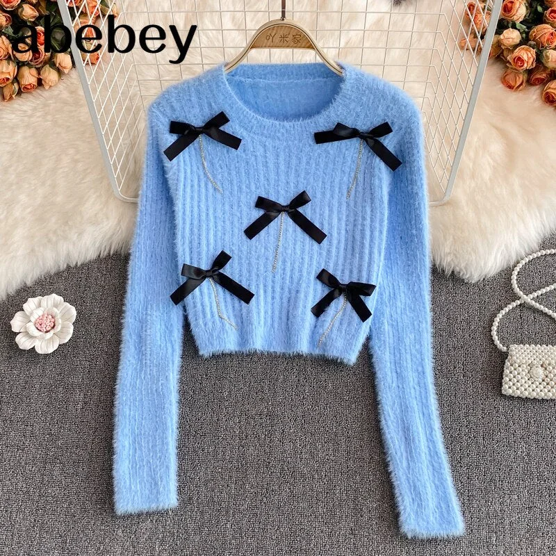New Autumn Winter Korean O-neck long sleeve knitted Pullover bow decoration high waist short solid color Sweater Top