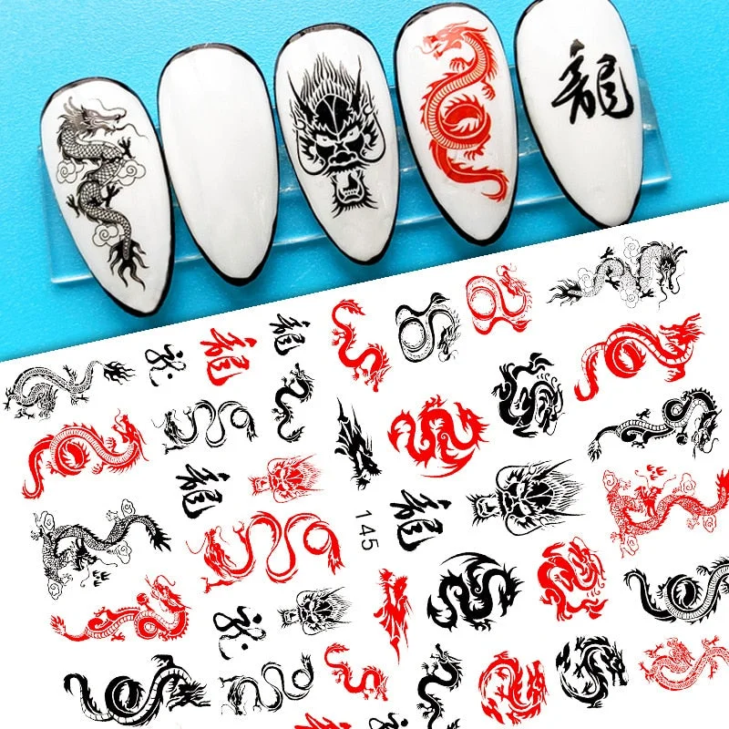 1 Sheet Dragon Snake Stickers Nail 3D Black Gothic Style Self Adhesive Slider Leaves Flowers Nails Art Decoration Decals Wraps