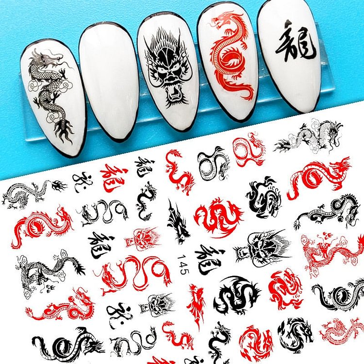 1 Sheet Dragon Snake Stickers Nail 3D Black Gothic Style Self Adhesive Slider Leaves Flowers Nails Art Decoration Decals Wraps