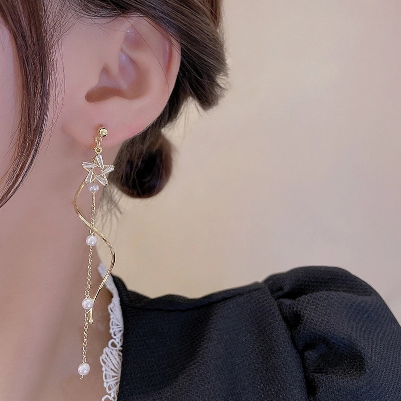 925 Silver Needle Long Star Tassel Pearl Earrings Women  Style Fashion  Elegant Earrings High Quality
