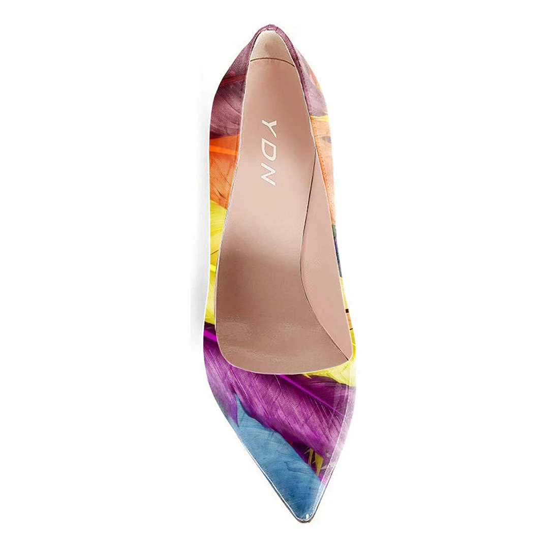 Colorful Feather Printed Patent Leather Pumps with Stiletto Heel