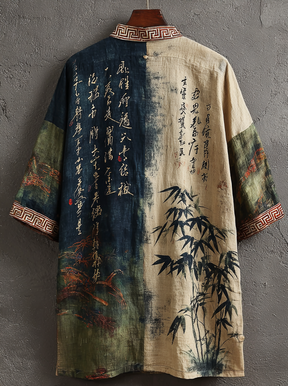 Men's Retro Ancient Calligraphy And Bamboo Leaves Printed  Linen-blend Kimono elevenforest