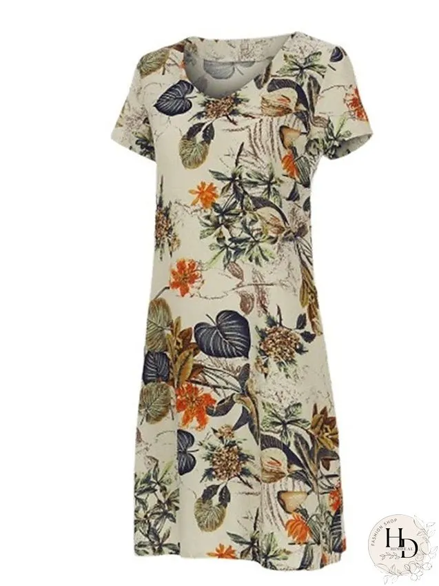 Cotton Linen Dress Casual Dress Midi Dress Cotton Blend Basic Classic Outdoor Daily Vacation V Neck Print Short Sleeve Summer Spring Loose Fit Apricot Leaf Floral M L XL 2XL for Women