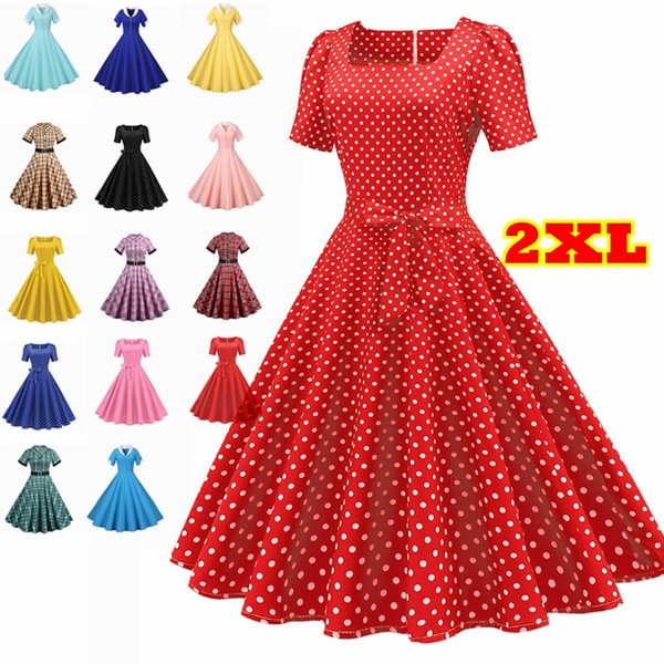 New Casual Short-Sleeved Square-Neck Dress Summer Slim Retro Wave Dot Print Dress With Belt Breathable Party Dress Robe De Femme Vestido De Mujer - BlackFridayBuys