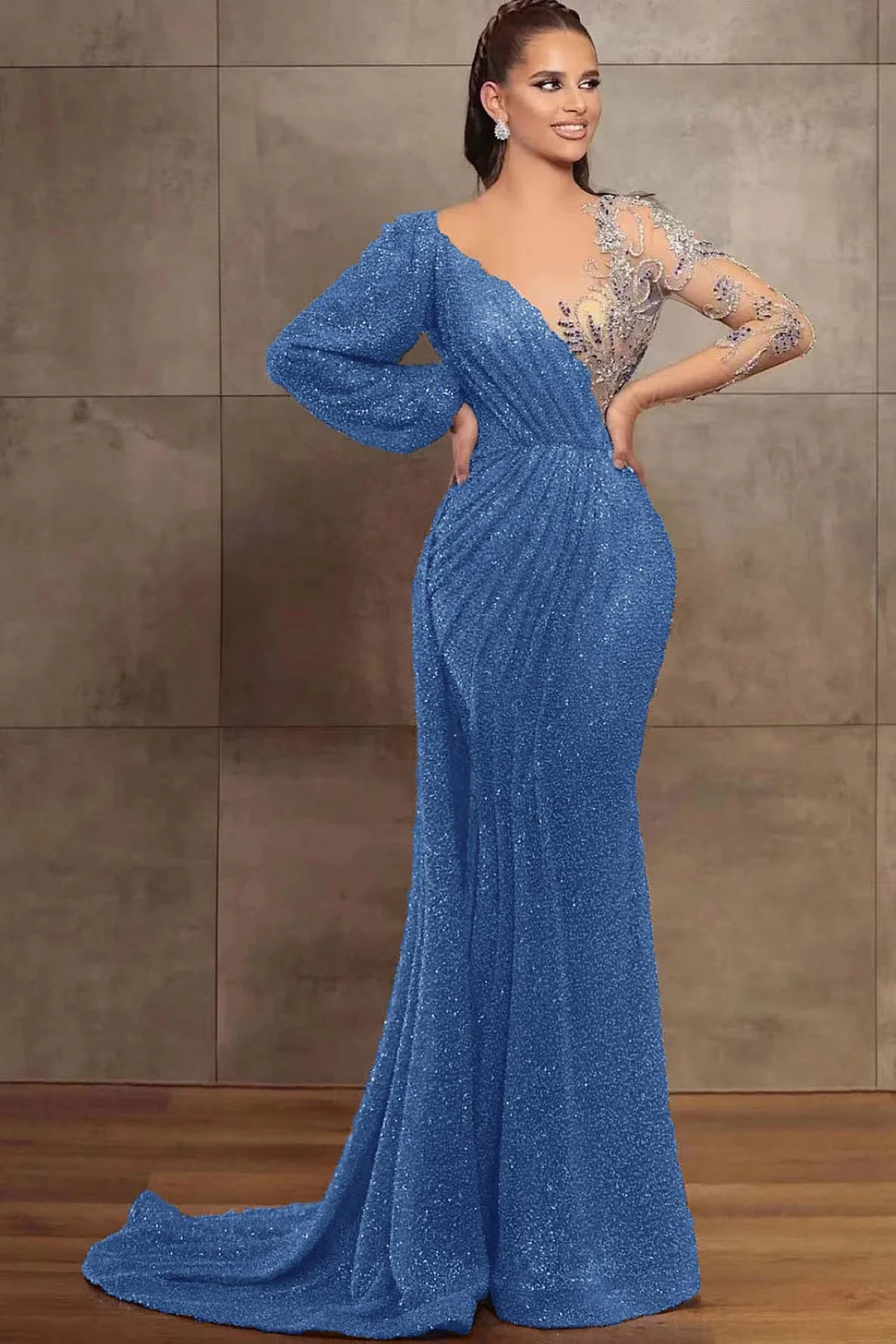 Lilac Mermaid V Neck Sequin and Beaded Ostrich Feathers Evening Dress With Slit main image 0