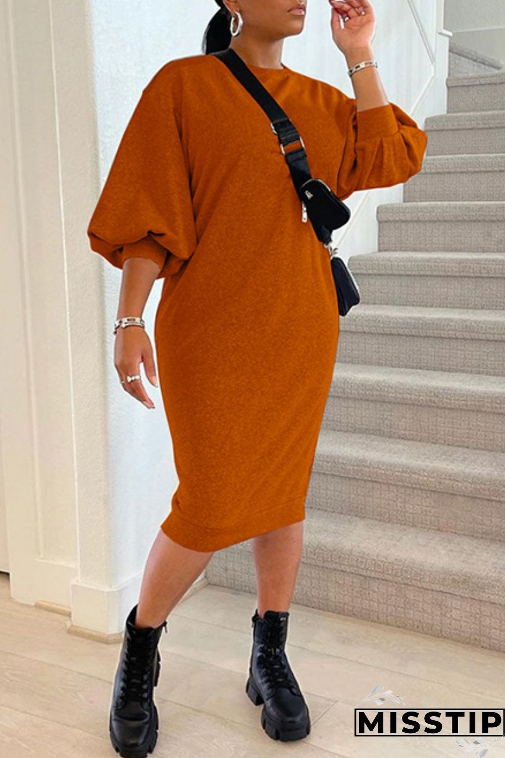Brown Casual Solid Basic O Neck Long Sleeve Dresses